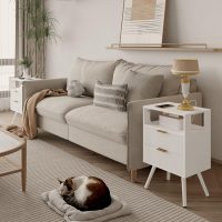 White Nightstand with Charging Station and LED Lights,Modern Bedside Table with 2 Storage Drawer and Open Wood Shelf, for Bedroom and Small Spaces,Night Stand with Solid Wood Legs,White - Image 3