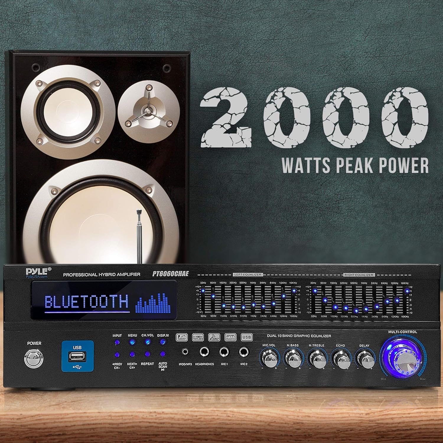 Pyle Bluetooth Hybrid Home Amplifier - 6-Channel 2000W Home Audio Rack Mount Stereo Power Amplifier Receiver w/ Radio, USB/AUX/RCA/Mic, Optical/Coaxial, AC-3, DVD Inputs, Dual 10 Band EQ - PT6060CHAE - Image 5