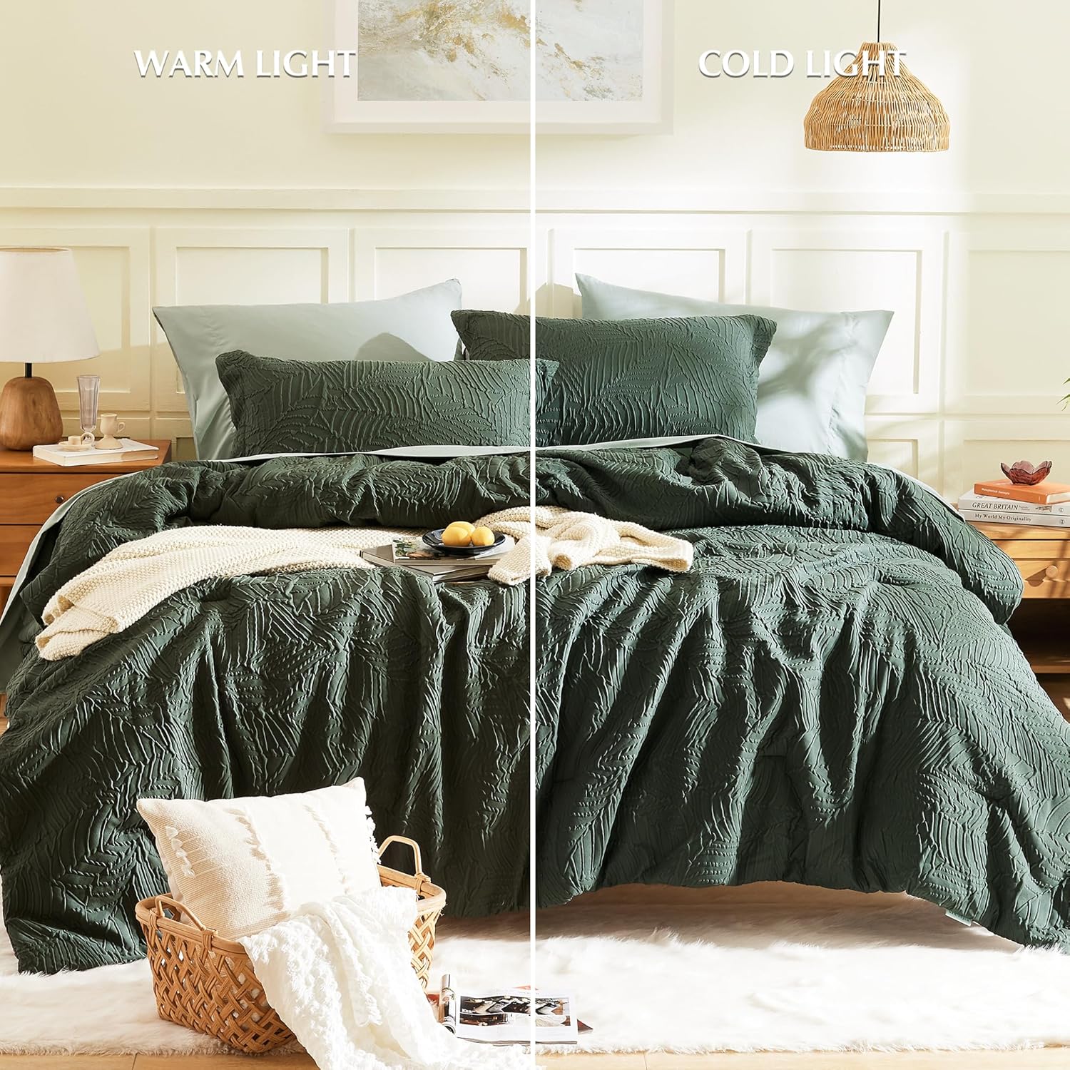 Geniospin Queen Comforter Set - 7 Pieces Dark Green Bedding Set, Botanical Textured Comforter Bed Set, All Season Lightweight Bed in a Bag with Comforter, Sheets, Pillowcases & Shams - Image 4
