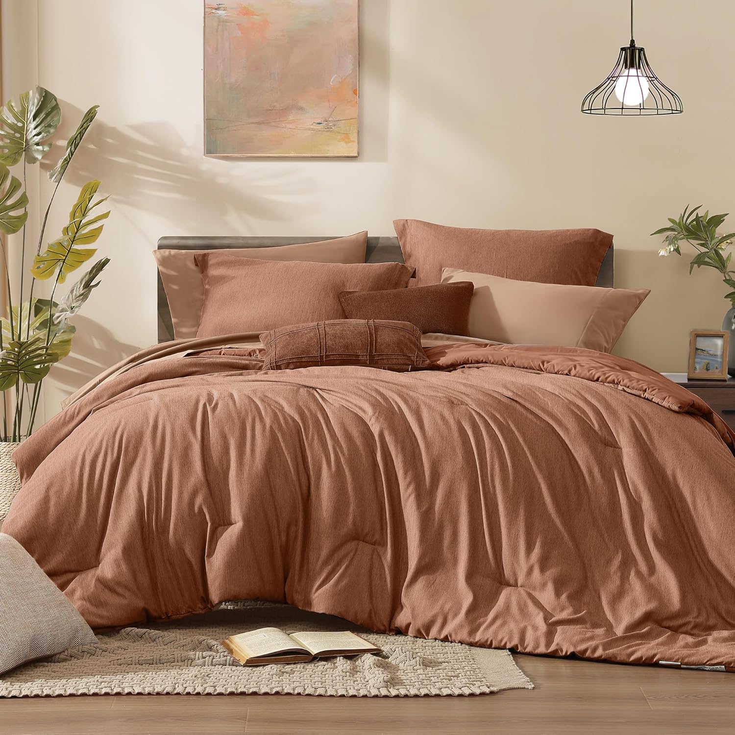 Monbix Queen Comforter Set – 7 Pieces Cationic Dyeing Autumn Leaf Bed in a Bag Queen Bedding Sets with Comforter, Sheets, Pillowcases & Shams, Reversible Bedding Comforters Sets