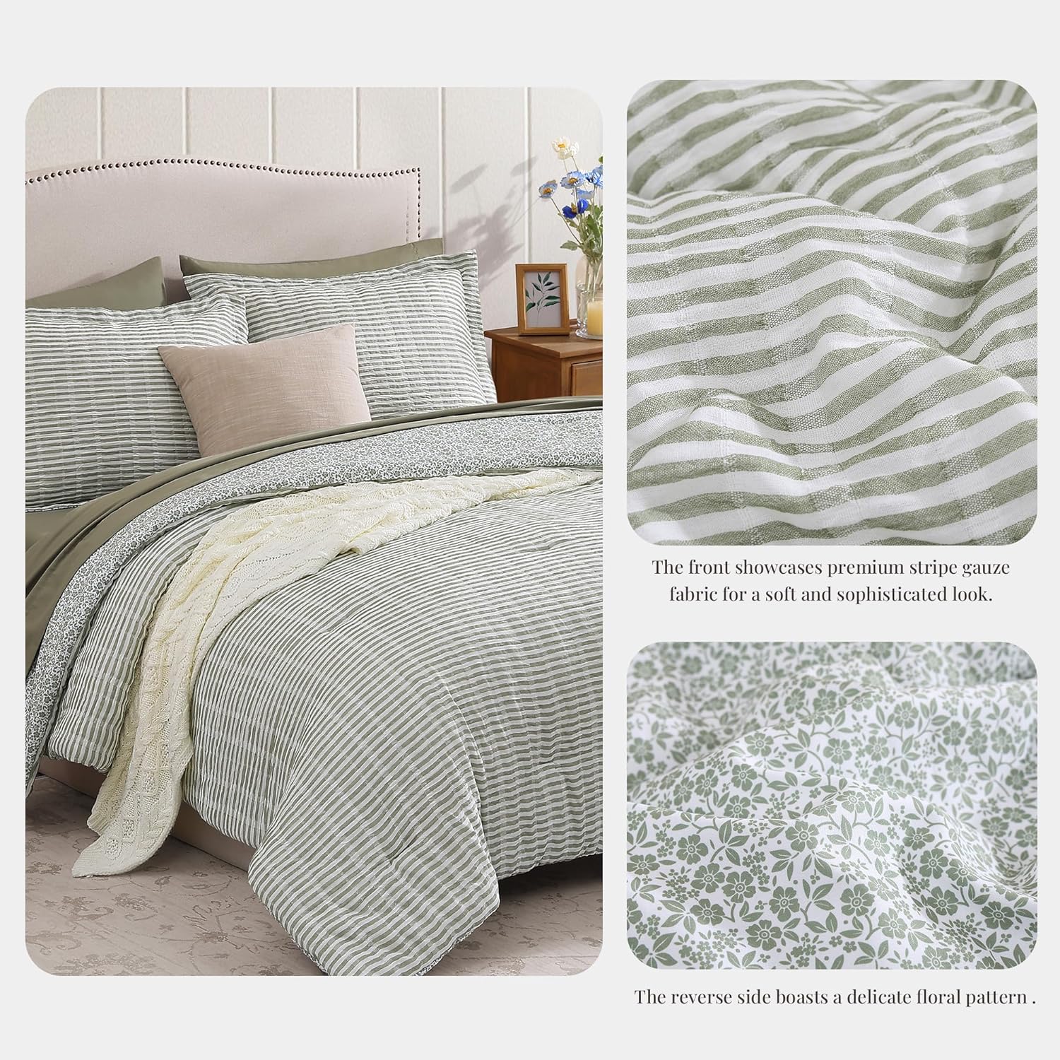Queen Comforter Set - 7 Pieces Green Gauze Muslin Bedding Sets for All Seasons, Lightweight Breathable Bed in a Bag Queen with Revesible Farmhouse Comforter, Sheets, Pillowcases & Shams - Image 3