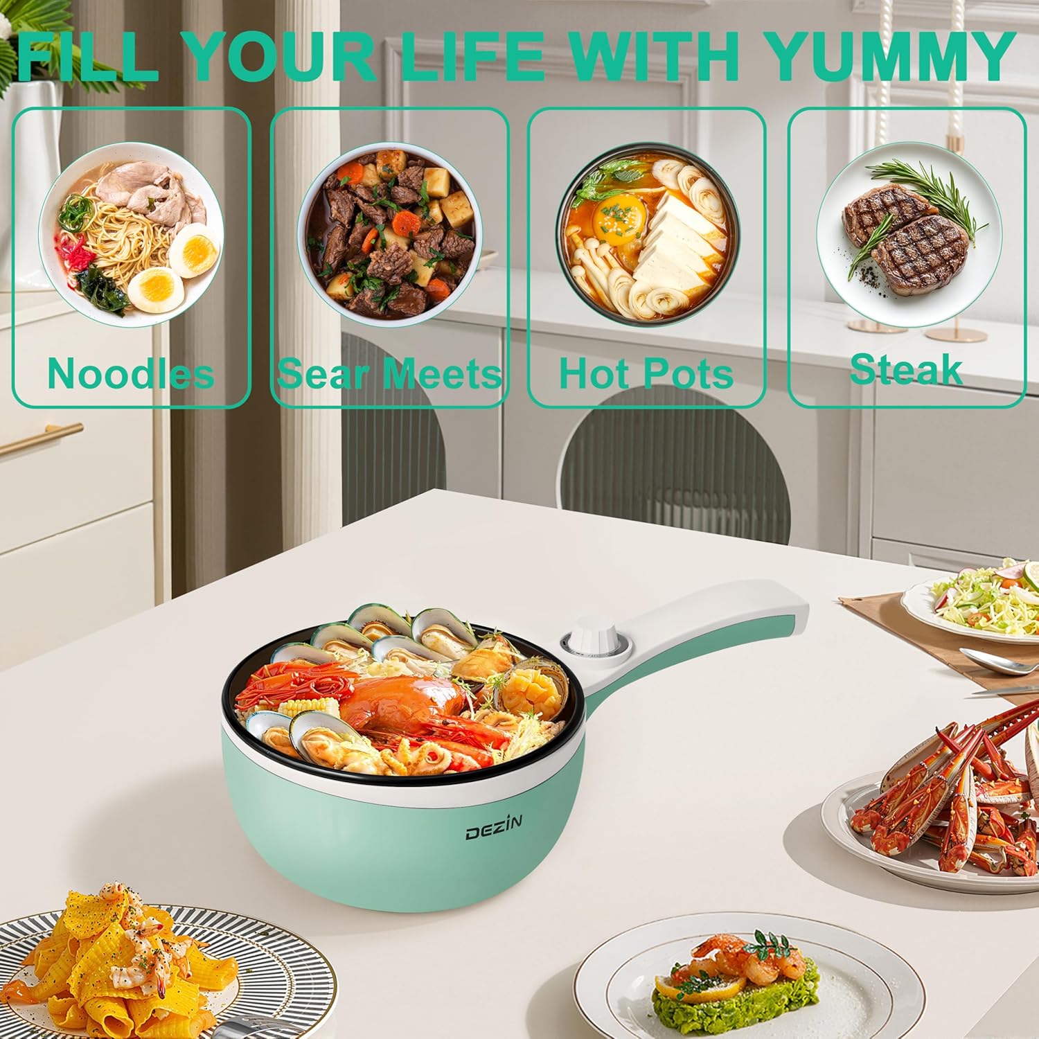 Dezin Hot Pot Electric Upgraded, Non-Stick Sauté Pan, Rapid Noodles Electric Pot, 1.5L Mini Portable Hot Pot for Steak, Egg, Fried Rice, Ramen, Oatmeal, Soup with Power Adjustment - Image 6