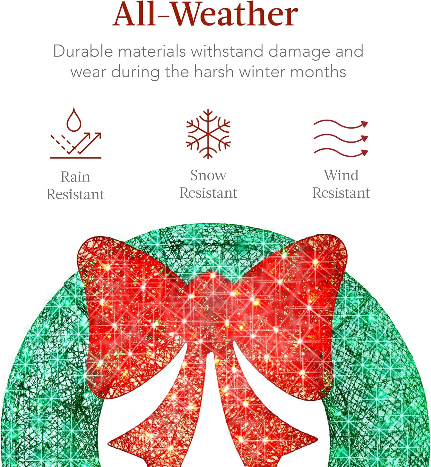 Best Choice Products 36in Pre-Lit Outdoor Christmas Wreath Decoration, LED Metal Holiday Decor for Home w/ 120 Lights, Bow - Green/Red - Image 5