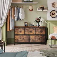 WLIVE Dresser for Bedroom with 5 Drawers, Wide Chest of Drawers, Fabric Dresser, Storage Organizer Unit with Fabric Bins for Closet, Living Room, Hallway, Rustic Brown Wood Grain Print - Image 7