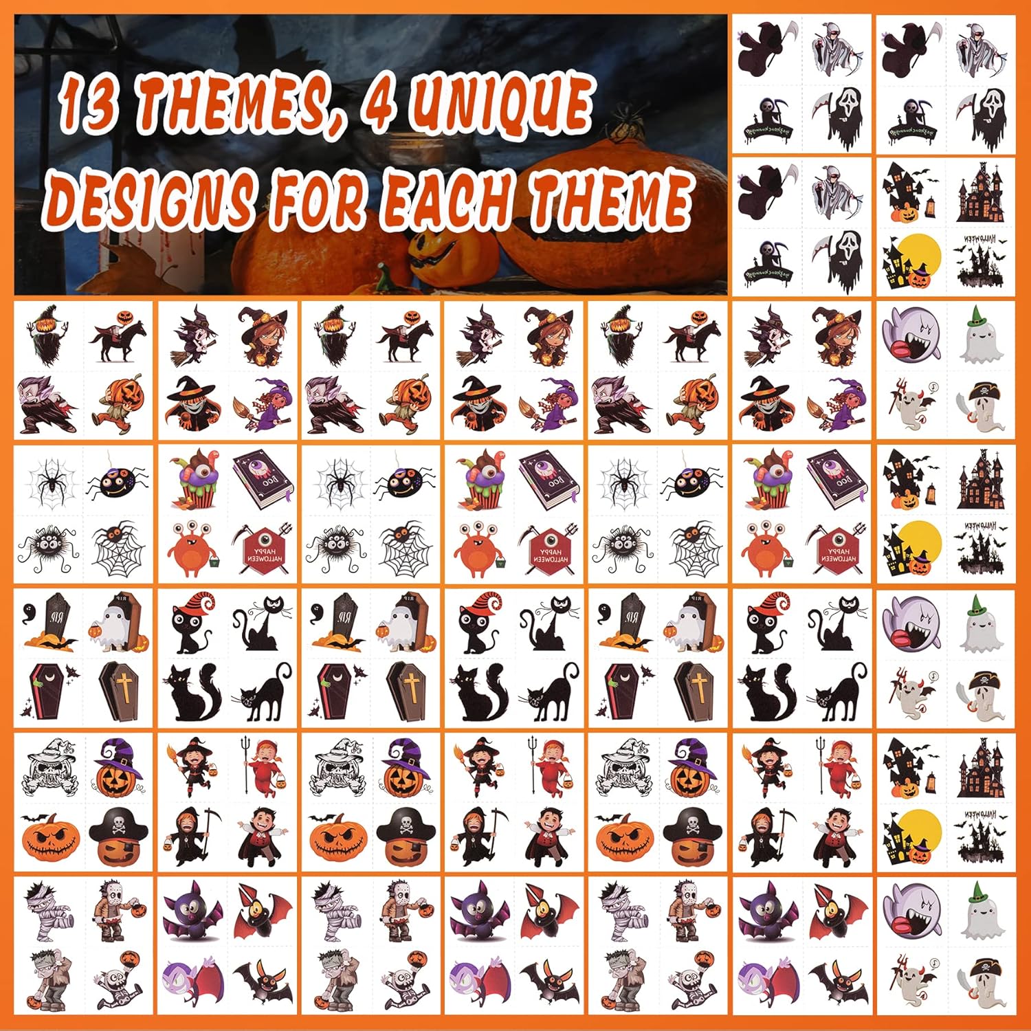 156 PCS Halloween Temporary Tattoos for Kids in 52 Unique Designs - 2 Inch Bulk Halloween Assorted Waterproof Fake Pumpkin Temp Tattoo Sticker for Boys Girls Goody Bag Stuffers Prizes Party Favors - Image 4