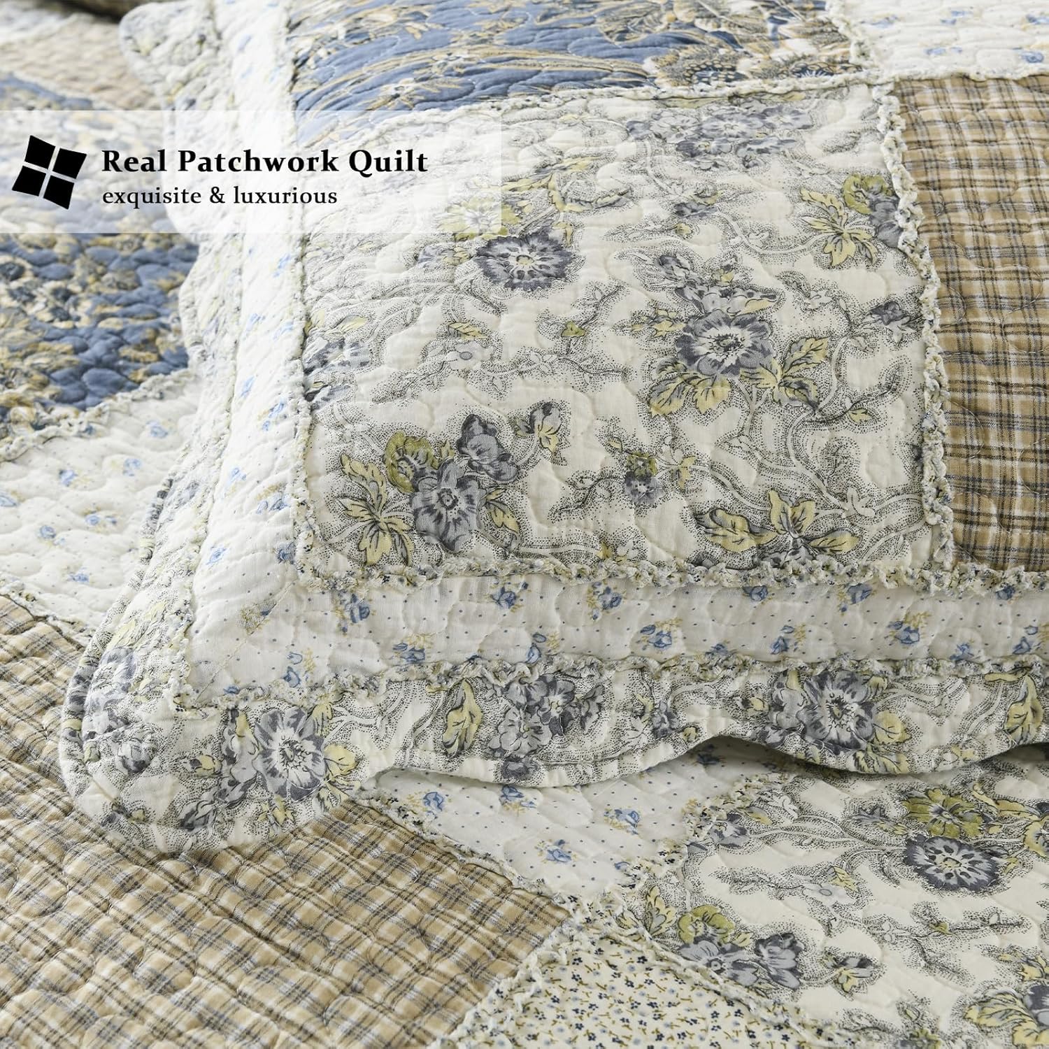 Yvooxny Quilt Set King Size Reversible Country Farmhouse Floral Real Patchwork Quilted Bedspread 3-Piece Quilt Set with Pillowcases with Ruffles for All Seasons, 96 x 108 Inches - Image 5
