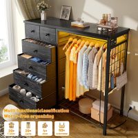 EnHomee 49.2" W Dresser for Bedroom with Hanging Rack 6 Drawers Dresser with LED Lights & Charging Station, Fabric Dressers & Chest of Drawers with Rack, Wooden Top, Grid Panel, Black - Image 3