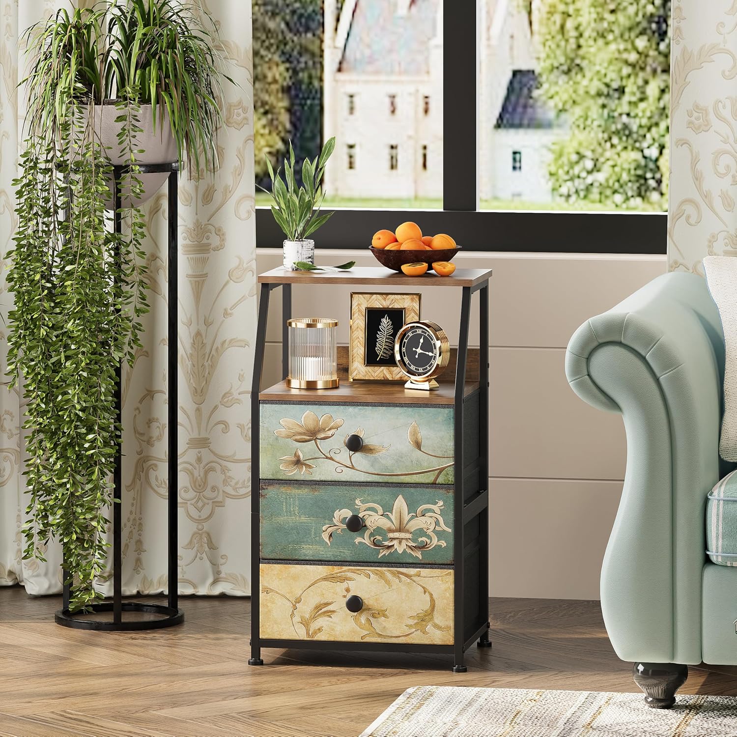 Tohomeor Dresser with Fabric Drawers Nightstand with 2 Tier Shelf Storage Tower for Bedroom Hallway Entryway Closet Organizer Sofa Beside Table Furniture (Multi, 3 Drawers) - Image 3