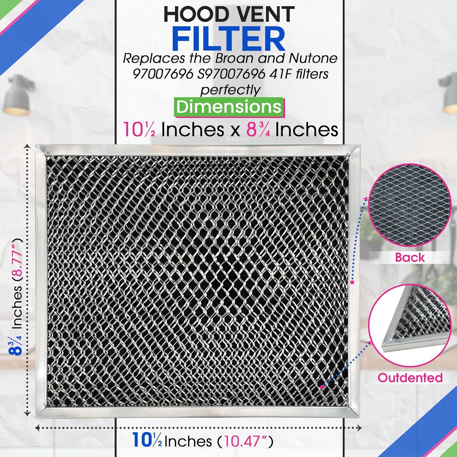 Stove Hood Vent Filter 10.5" x 8.8" 41F 97007696 Fit's Nutone & Broan Range Hood Filter Replacement for Ductless Exhaust Fan - Mesh Screen Filters Grease & Carbon Freshens Kitchen Oven Air (2-Pack) - Image 3