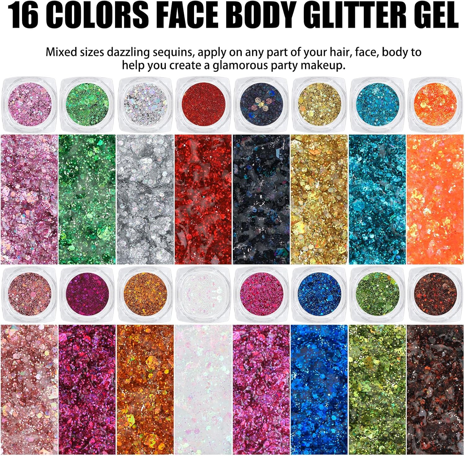 16 Colors Chunky Fine Mixed Holographic Glitter Gel Set for Face and Body Makeup Festival Party Sparkle Glitter Gel Decoration Rave Accessories - Image 3