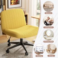SUNLEI Criss Cross Chair with Wheels, Comfy Armless Vanity Chairs with Back & Wide Seat, Comfortable Fabric Cross Legged Desk Chair’s Swivel, Yellow - Image 5