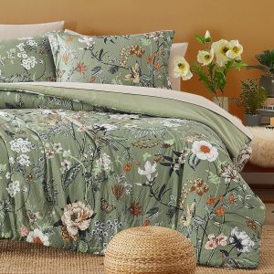 CASAAGUSTO King Size Comforter Set - 7 Pieces Green Floral Bedding Sets, King Bed in a Bag with Botanical Butterfly Comforter, Sheets, Pillowcases & Shams for All Seasons