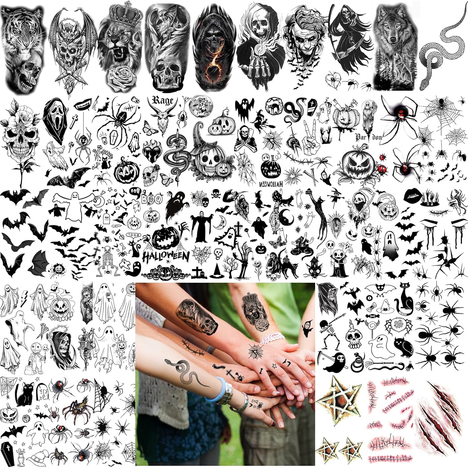 52 Sheets Black Halloween Temporary Tattoos for Kids Men Women, Include 10 Sheets Large Half Arm Sleeve Fake Tattoos, 200+ PCS Spider Snake Tiger Lion Skull Bat Vampire Scar Halloween Tattoos - Image 4
