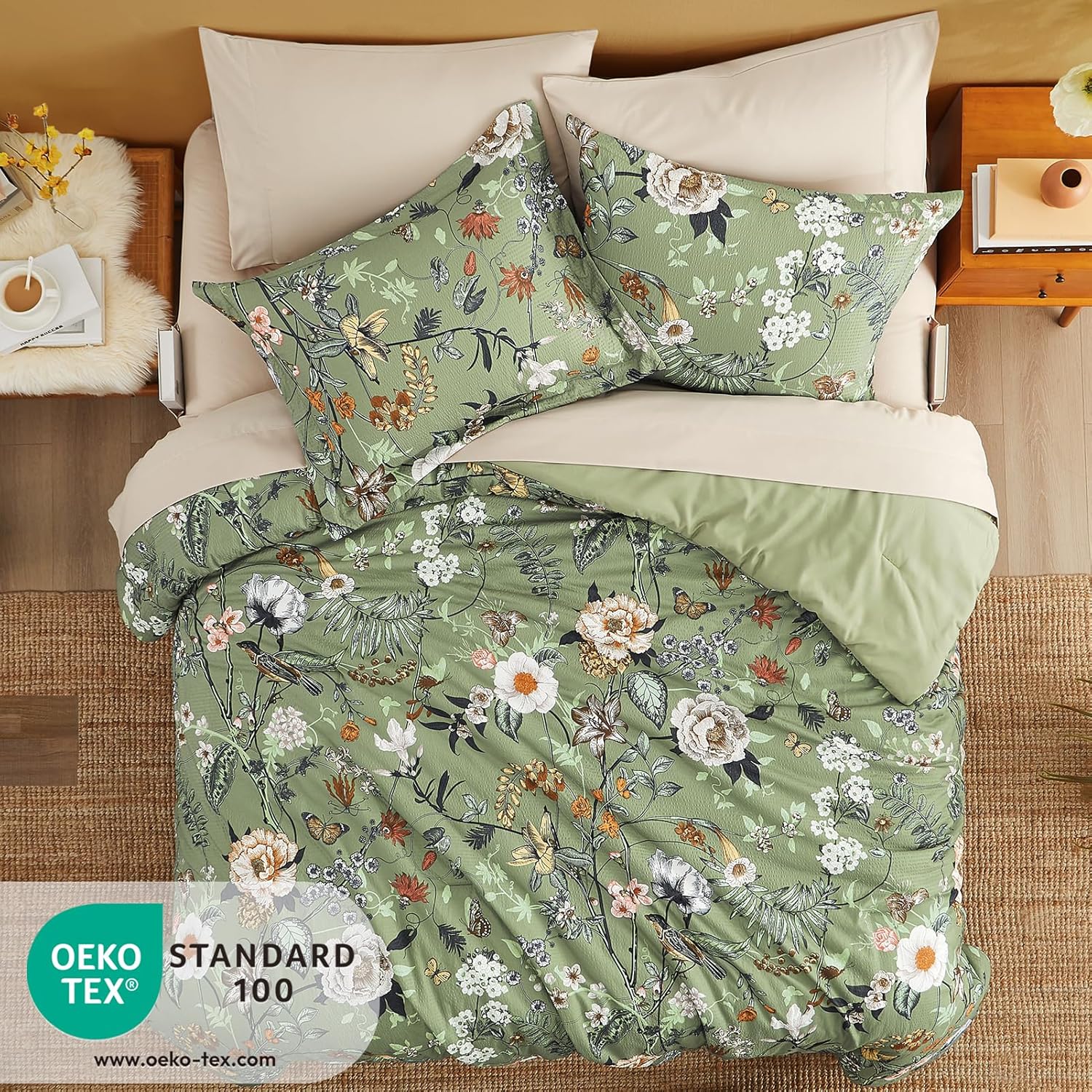 CASAAGUSTO King Size Comforter Set - 7 Pieces Green Floral Bedding Sets, King Bed in a Bag with Botanical Butterfly Comforter, Sheets, Pillowcases & Shams for All Seasons - Image 3