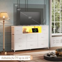 WLIVE White TV Stand for 45, 50, 55 inch TV, Entertainment Center with LED Lights & Charging Station, TV Media Console Table with 8 Fabric Drawers and Open Shelves for Living Room, Hallway, Wood Top - Image 3