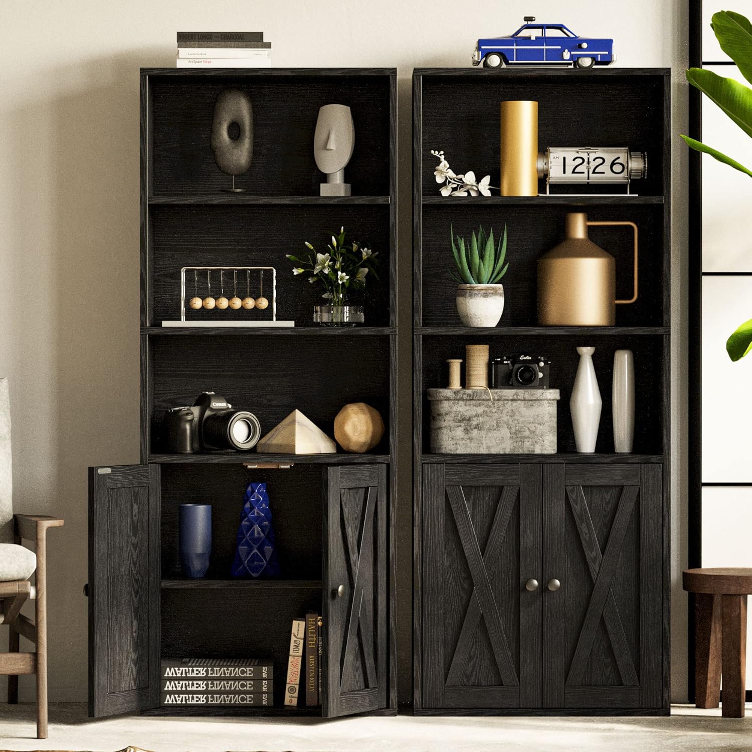 IRONCK Industrial Bookshelves and Bookcases with Doors 11.8 in Depth Floor Standing 5 Shelf Display Storage Shelves Bookcase Home Decor Furniture for Home, Office, Living Room, Bedroom - Image 2