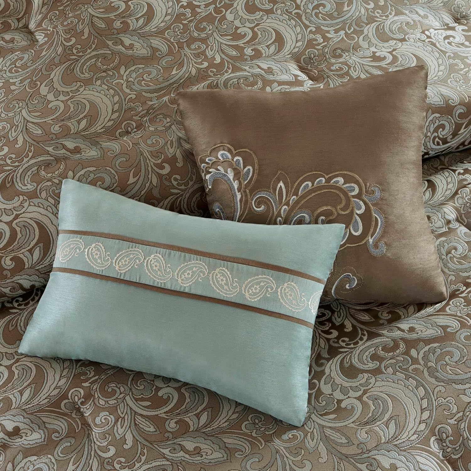 Madison Park Essentials Brystol 24 Piece Room in a Bag Faux Silk Comforter Jacquard Paisley Design Matching Curtains Down Alternative Hypoallergenic All Season Bedding-Set, Queen (90 in x 90 in), Blue - Image 3