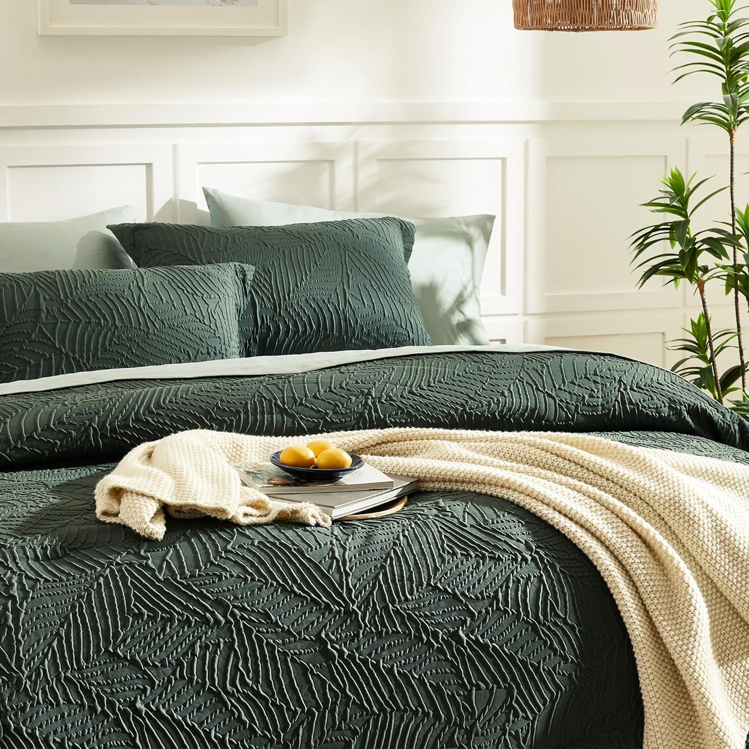 Geniospin Queen Comforter Set - 7 Pieces Dark Green Bedding Set, Botanical Textured Comforter Bed Set, All Season Lightweight Bed in a Bag with Comforter, Sheets, Pillowcases & Shams - Image 3