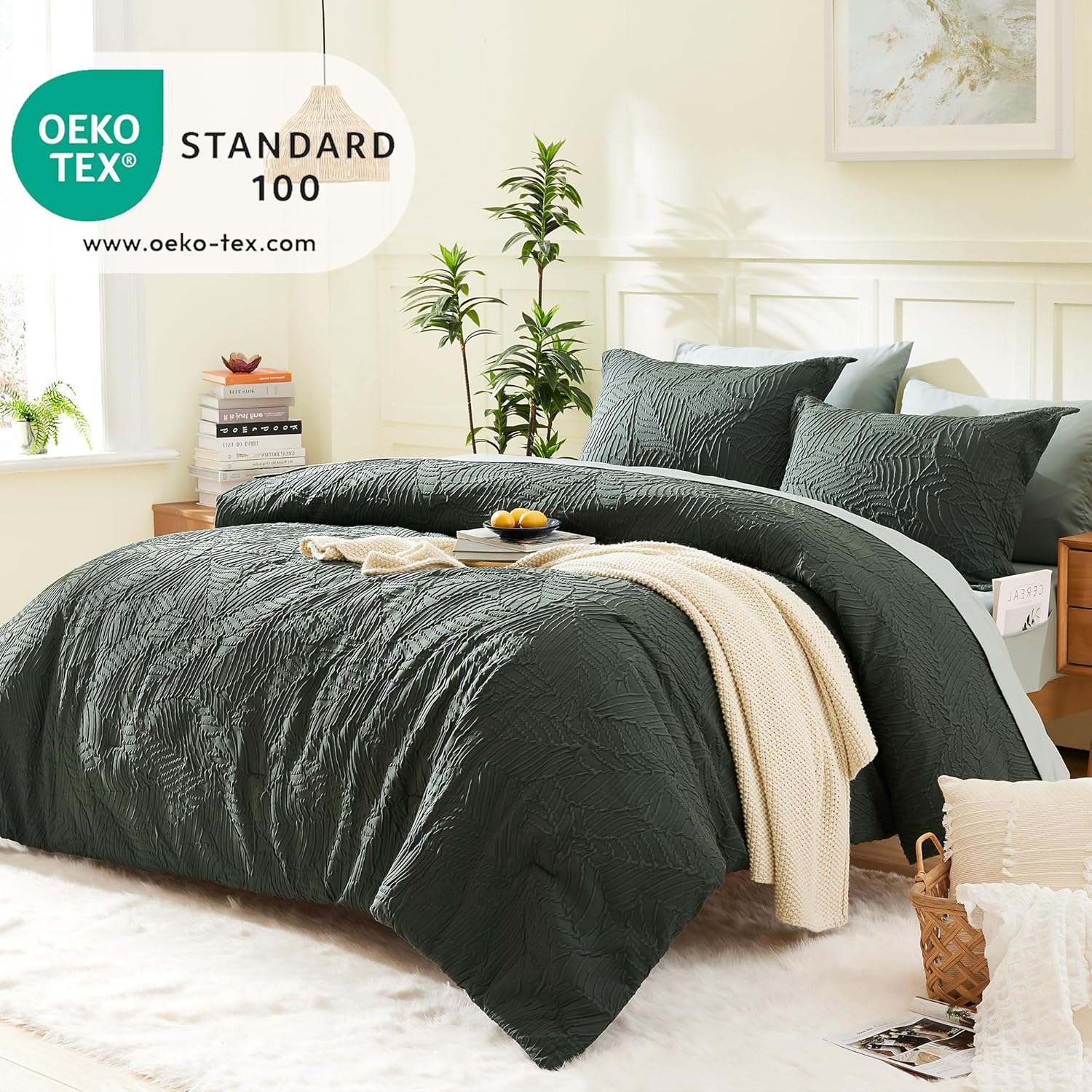 Geniospin Queen Comforter Set - 7 Pieces Dark Green Bedding Set, Botanical Textured Comforter Bed Set, All Season Lightweight Bed in a Bag with Comforter, Sheets, Pillowcases & Shams - Image 2
