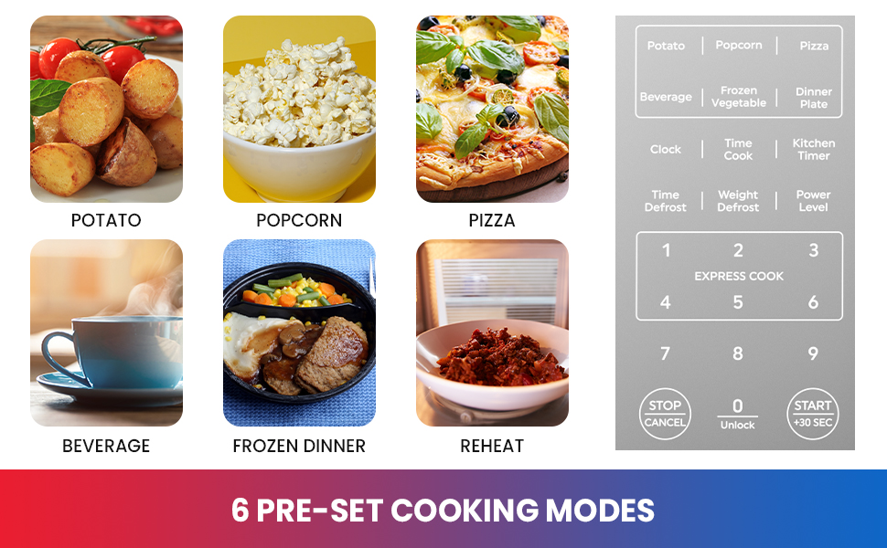 Closeup of controls and 6 images of the presets: potato, popcorn, pizza, beverage, frozen, reheat