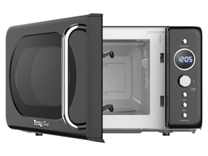 Retro-style microwave oven with black exterior and chrome handle. Features a digital display, control panel, and visible interior cavity with turntable.