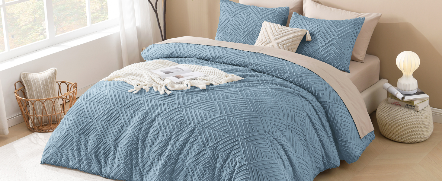 greyish blue boho comforter set tufted design