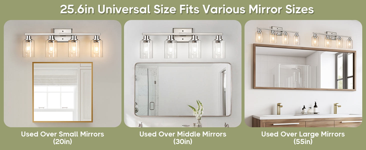 This vanity light is 25.6inch in length, which lighting range is enough for most of space