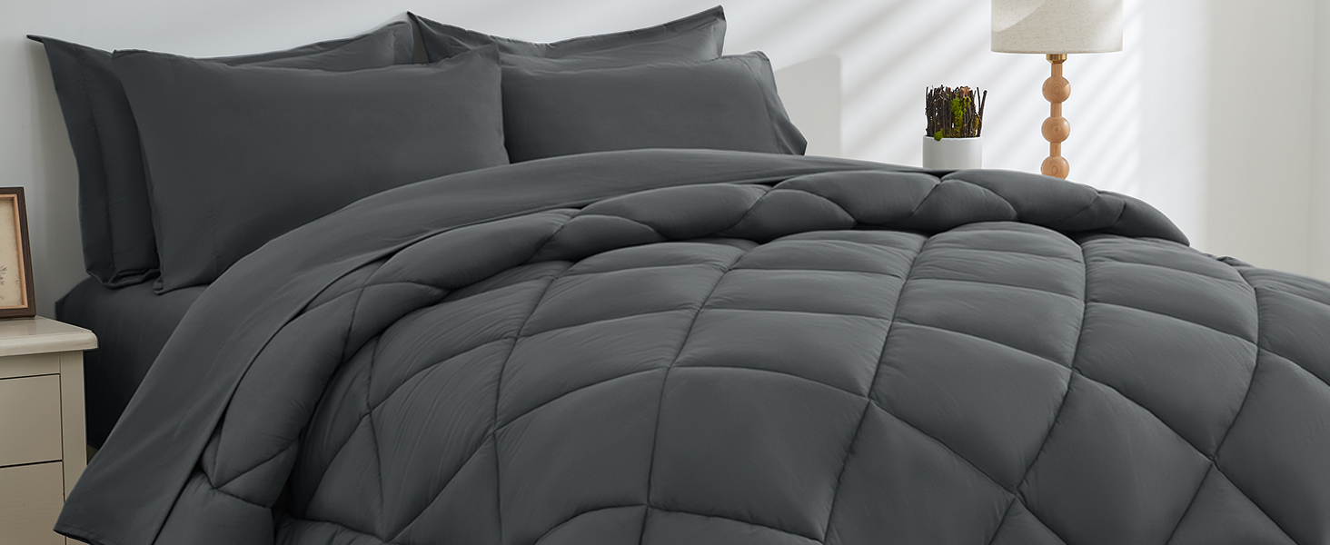 HEVUMYI Comforter Set 7 Pieces, All Season Reversible Bed in a Bag Queen