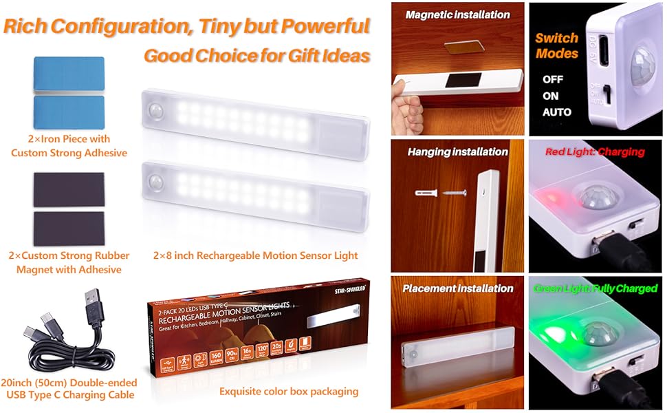 Under Cabinet Lights, Rechargeable Motion Sensor Light Indoor, Stick on LED Magnetic Closet Light