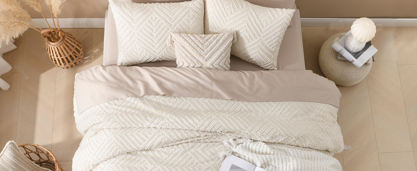beige boho comforter set tufted design