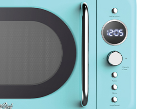 Closeup of chrome handle and controls on Total Chef retro microwave