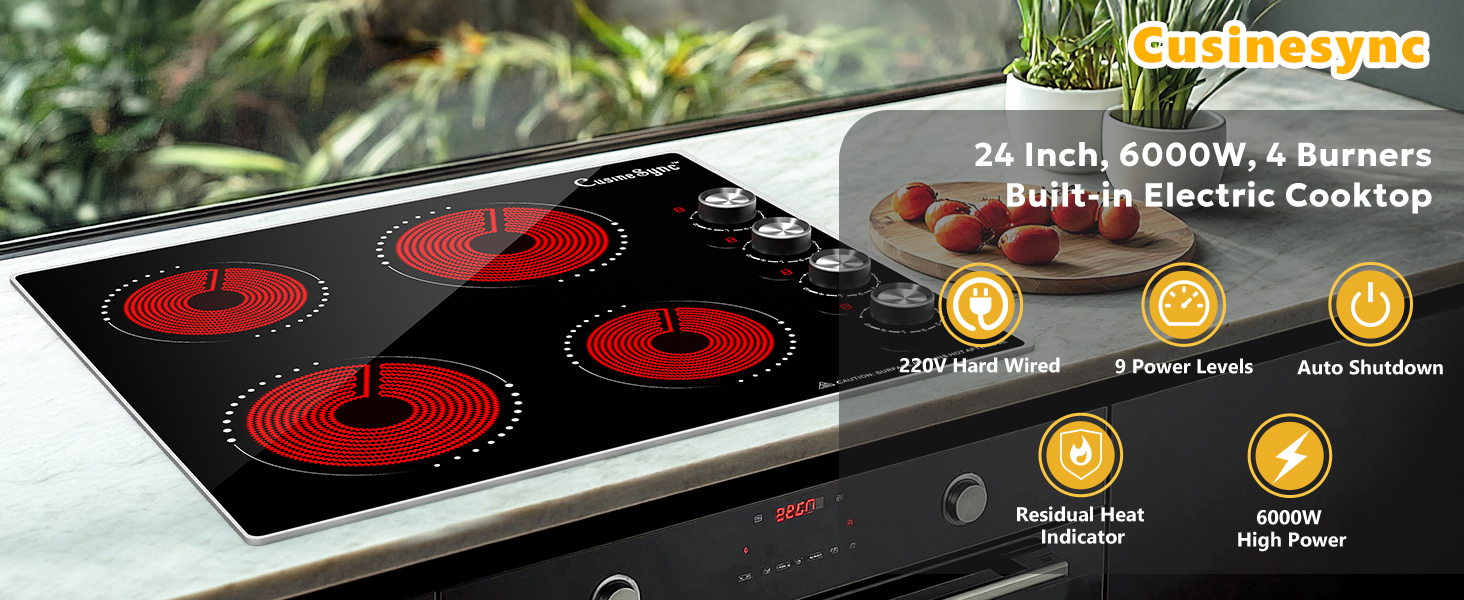 24 Inch 6000W 4 Burners Built-in Electric Cooktop