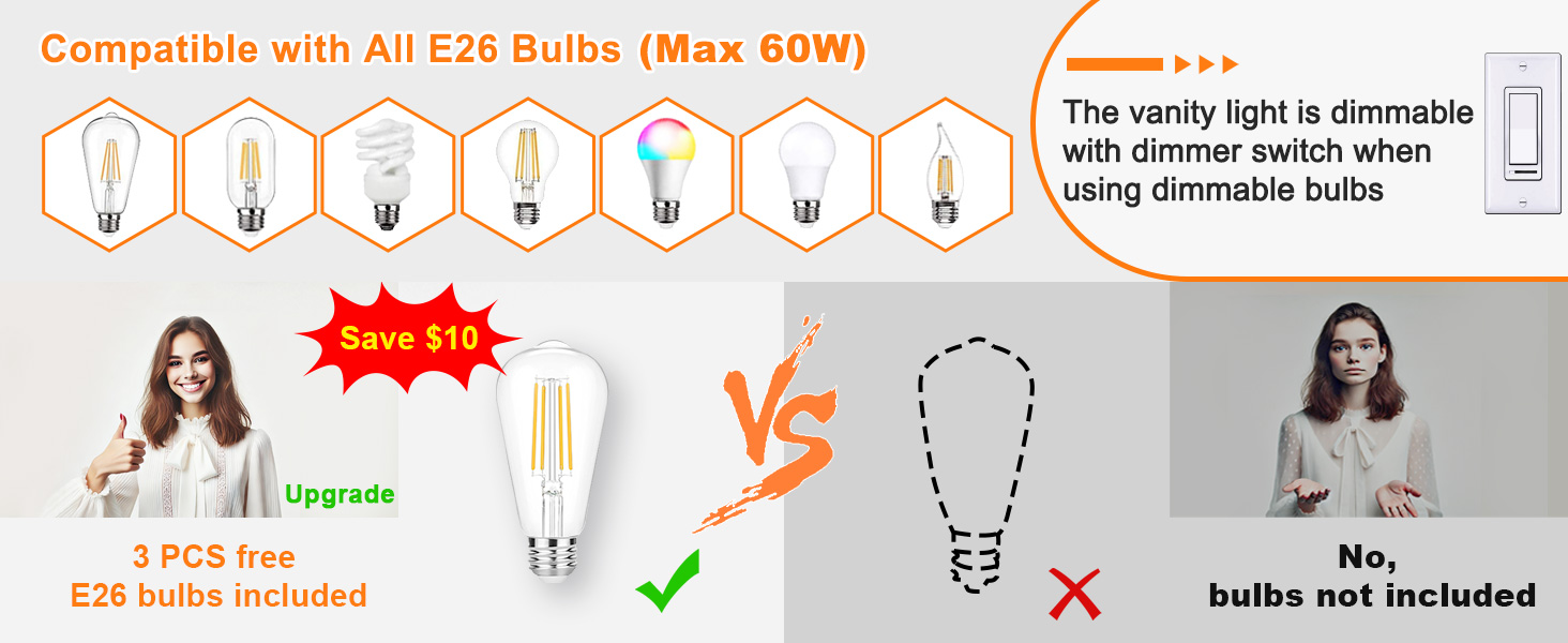 The bathroom vanity light with 3 free E26 Bulbs