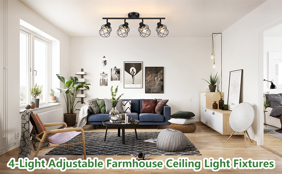 4-Lights Semi Flush Mount Ceiling Light, Adjustable Multi-Directional Ceiling Light