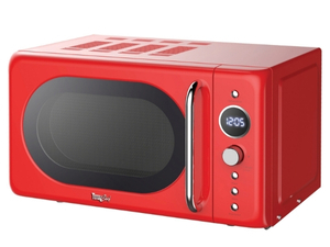 Red retro-style microwave oven with digital display and control panel. Features a large viewing window, chrome handle, and multiple control dials on the right side.