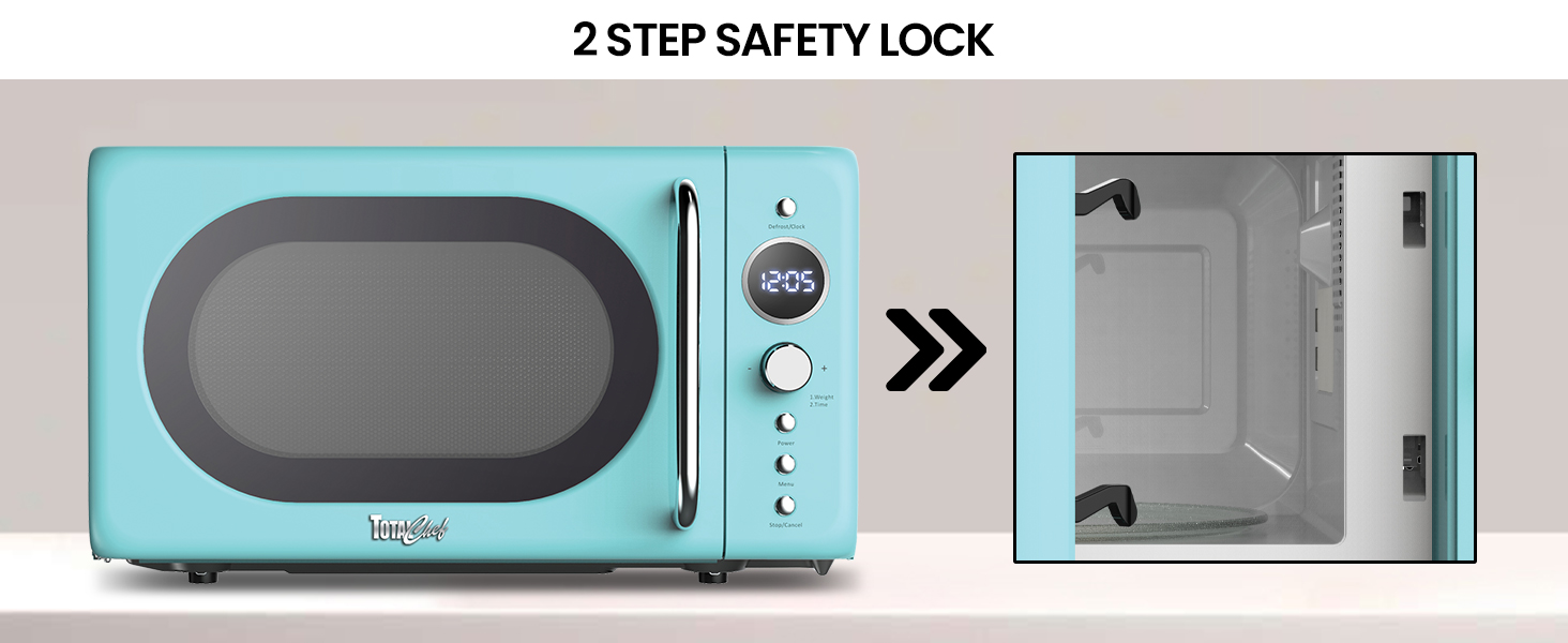 Total Chef retro microwave on a white countertop with an inset closeup of the door latch system