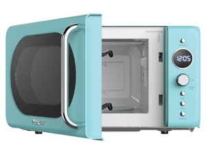 Retro-style microwave oven in light blue color. Features a digital display, chrome handle, and control knobs. Door open to show white interior cavity.