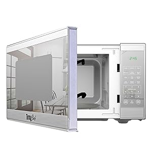 Total Chef 1.3 cubic foot compact countertop microwave, half open, on a white background