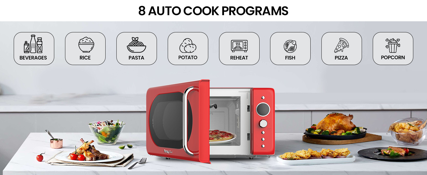 Total Chef retro microwave, closed, on a white countertop