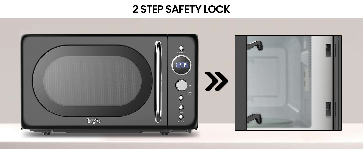 Total Chef retro microwave on a white countertop with an inset closeup of the door latch system