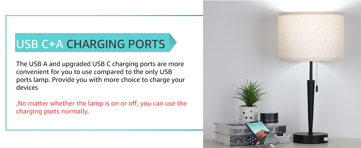 USB C and USB A Charging Outlets Nightstand Lamps