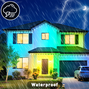 Text reads 'Waterproof'. Night scene of illuminated house with blue-tinted lighting and rain protection demonstration.