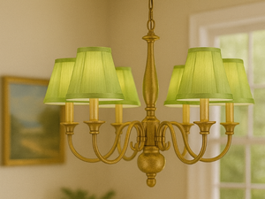 green empire chandelier shade, brass fixture, dining room lighting, soft green lampshades