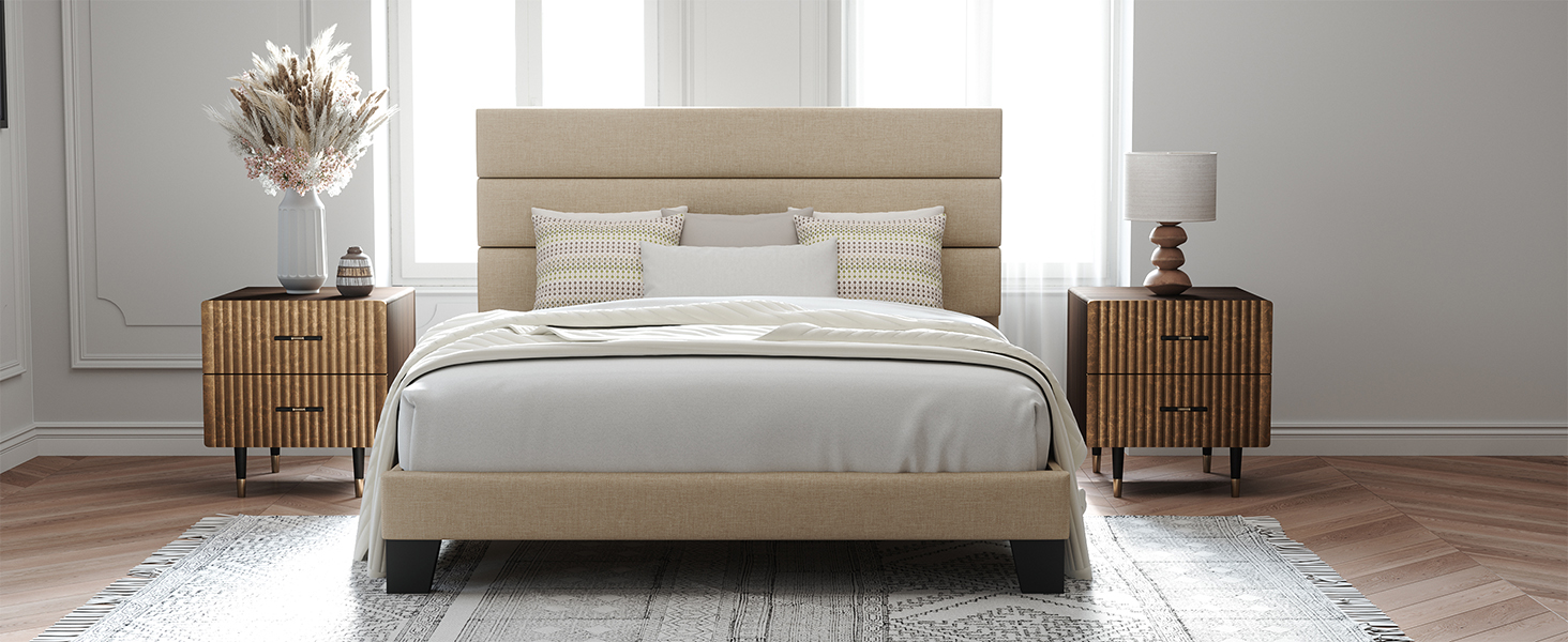 beige full size bed frame with headboard