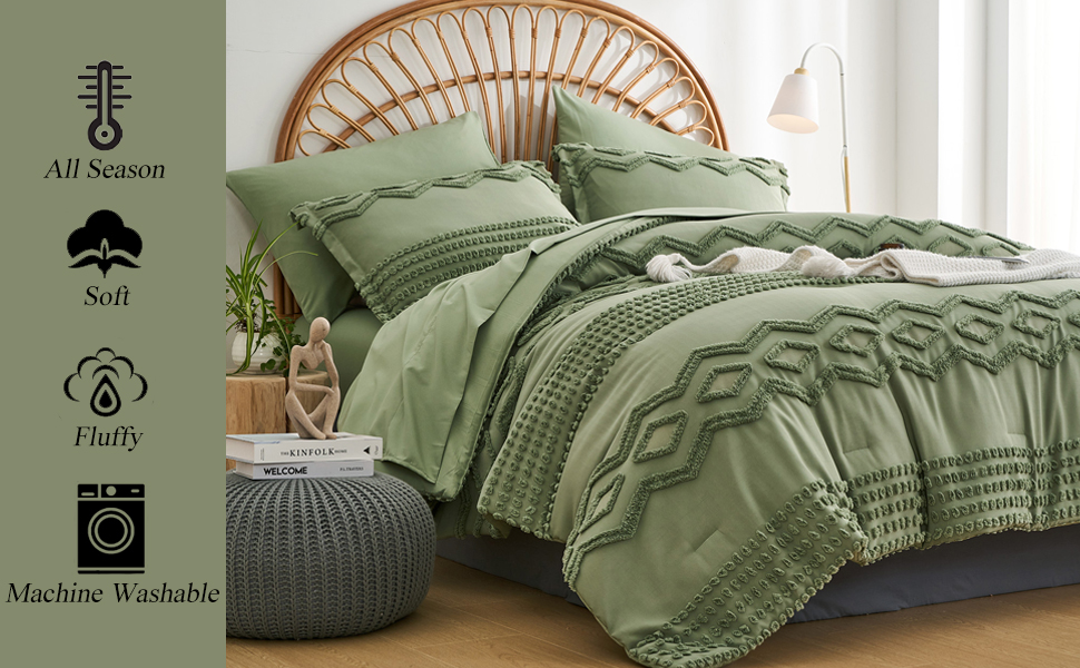 7 Piece Shabby Chic Boho Tufted Comforter Sheet Set