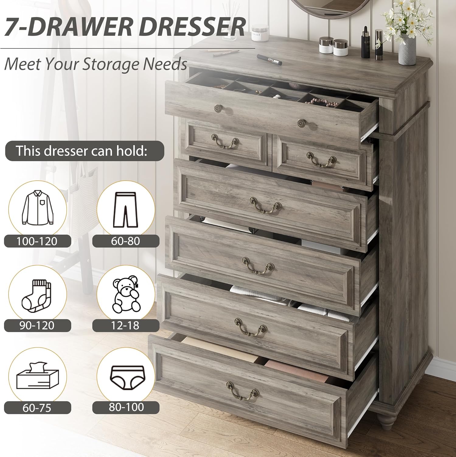 7 Drawer Dresser, Vintage Design Bedroom Dressers with Drawers, Dresser Farmhouse with Natural Texture, Tall Dressers for Bedroom, Living Room, Grey - Image 4