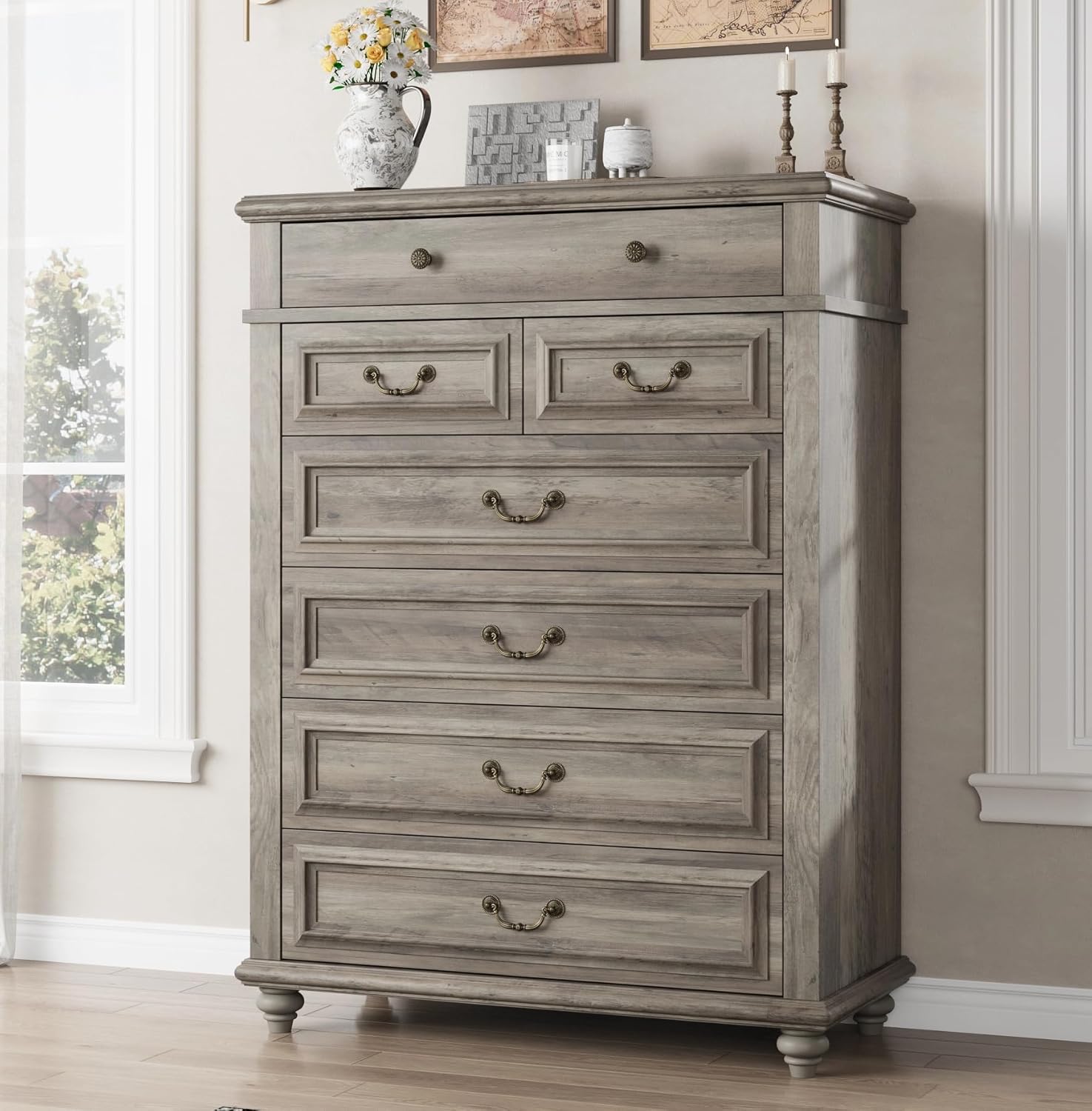 7 Drawer Dresser, Vintage Design Bedroom Dressers with Drawers, Dresser Farmhouse with Natural Texture, Tall Dressers for Bedroom, Living Room, Grey - Image 7
