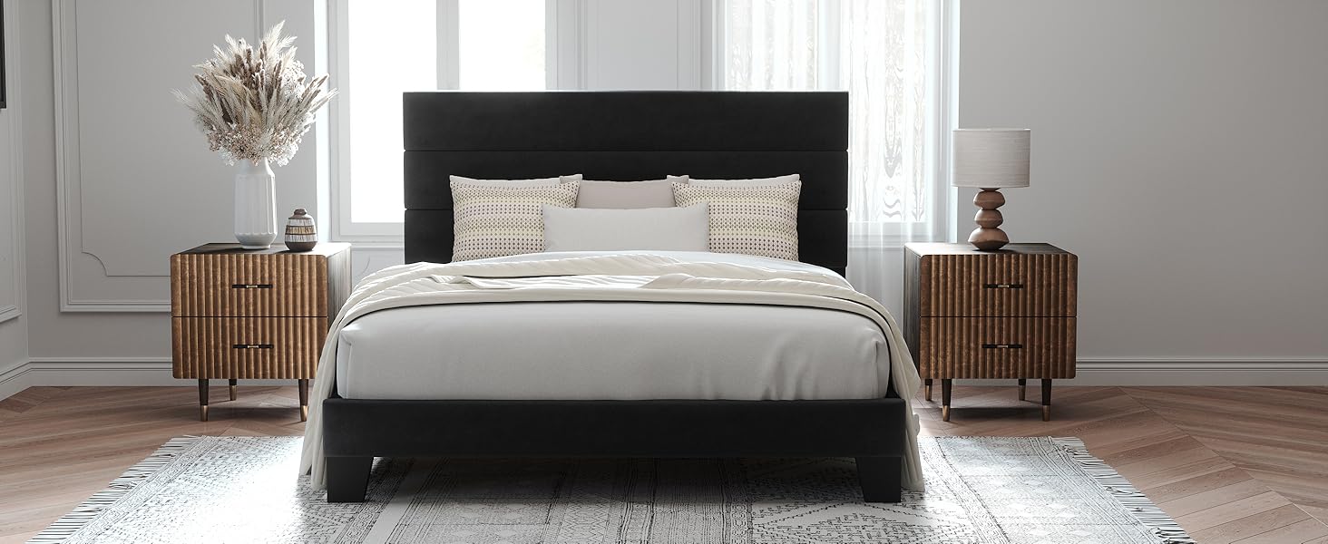 black bed frame with upholstered headboard