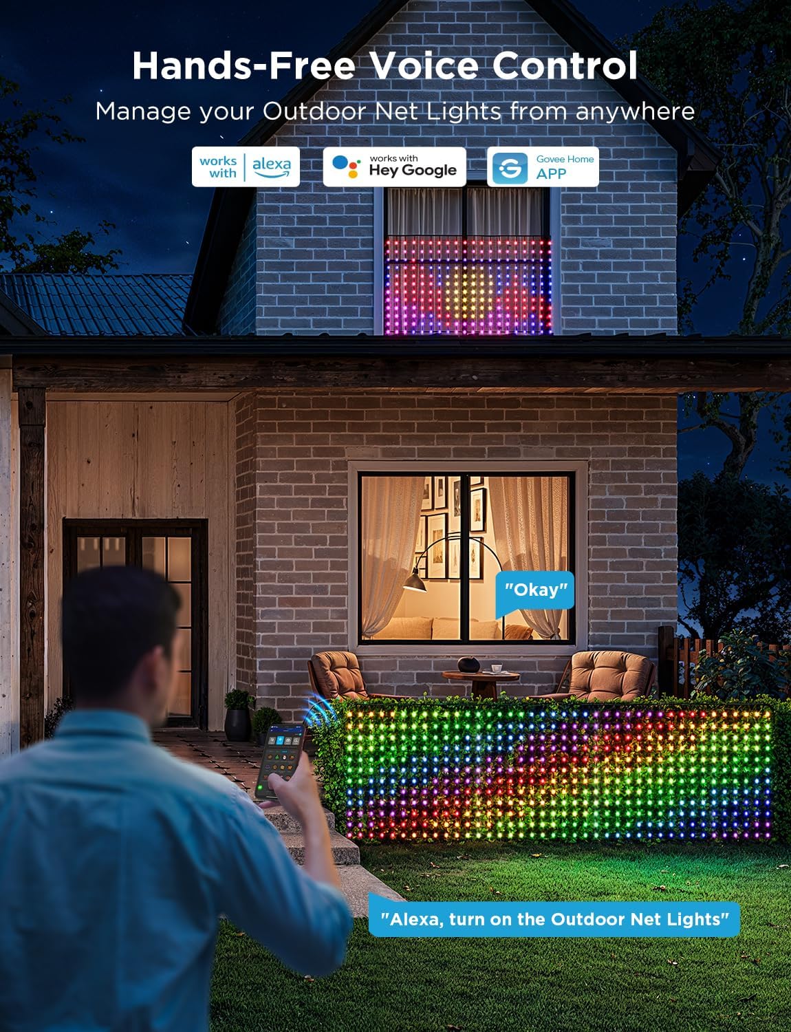 Govee Outdoor Net Lights, 2.8*9.4ft with RGBIC and DIY Functions, 480 LEDs Smart Net Lights with 64 Modes for Bush Patio Decor, Compatible with Alexa & Google Assistant, Outdoor Waterproof, Green Wire - Image 7