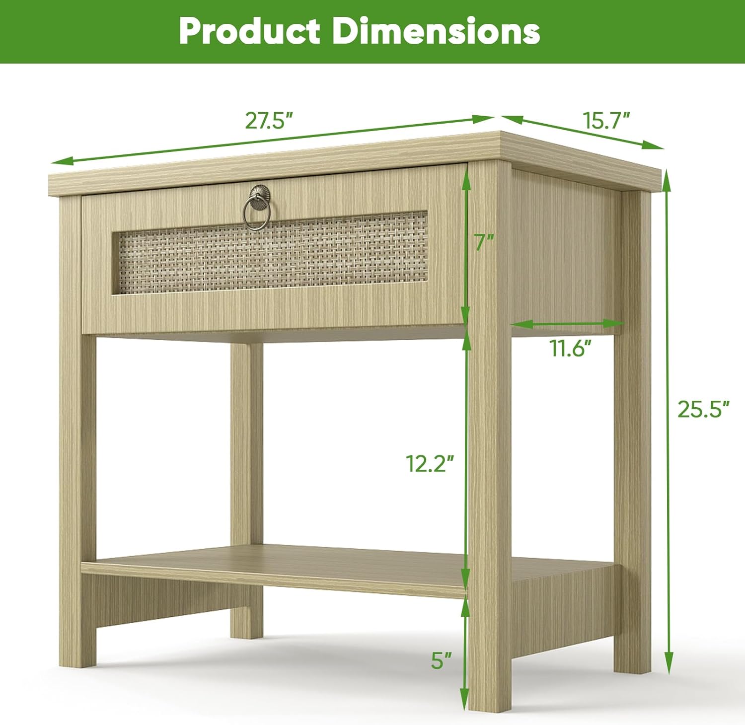 Nightstand Set 2 with Drawers - Large Rattan Bedside Table with Golden Handle, 1 Drawers Night Stand Tall End Table 27.5" Wide Side Table Boho Nightstand for Bedroom - Image 2
